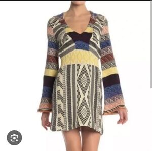 Free People Patchwork Boho Sweater Dress Bell Sleeve 70s Knit‎ Aztec Size Small